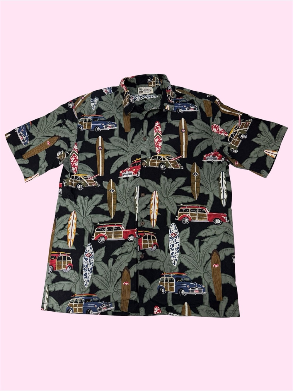 Vintage 90s Aloha Republic Hawaiian Shirt Surf Boards Cars AOP Made in Hawaii L